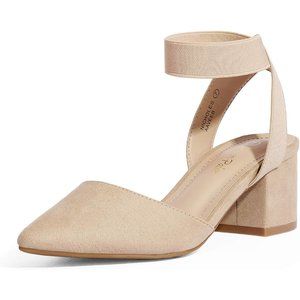 Pointed Toe Low Chunky Nude Heels Pump Shoes anti-slip outsole Adjustable Buckle